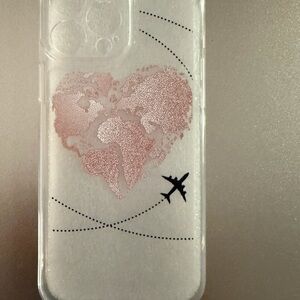 Clear iPhone 13 Pro Max Case with Rose Gold World Map and Airplane Design